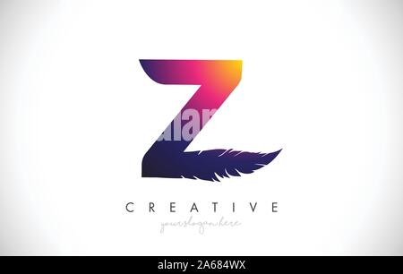Lettre Plume Z'Icône Logo Design avec plumes plumes regard créatif Vector illustration en couleurs magenta pourpre. Illustration de Vecteur