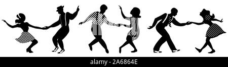 Ensemble de trois couples de danseurs négatif silhouettes sur fond blanc. Les gens en 1940 ou 1950. Vector illustration. Illustration de Vecteur