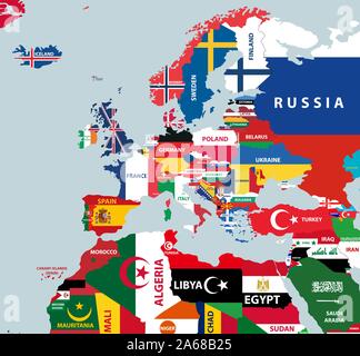 Vector partie de carte du monde avec zone d'Europe et d'Afrique du nord pays mélangé avec leurs drapeaux nationaux Illustration de Vecteur