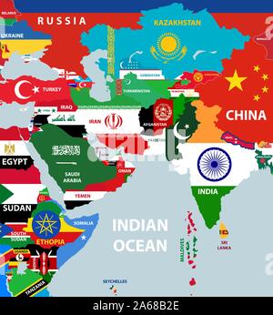 Vector partie de carte du monde avec l'Asie occidentale, orientale, arabe et d'Afrique du Nord avec leurs drapeaux nationaux mixtes Illustration de Vecteur