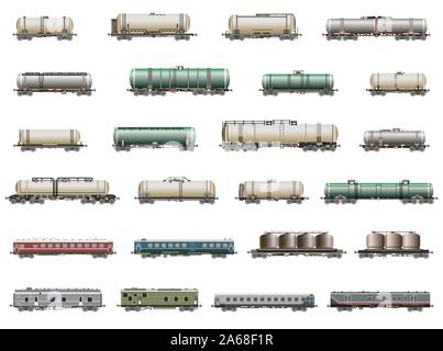 Vector set d'icônes de deatiled isolés de trains, wagons, wagons et cars Illustration de Vecteur