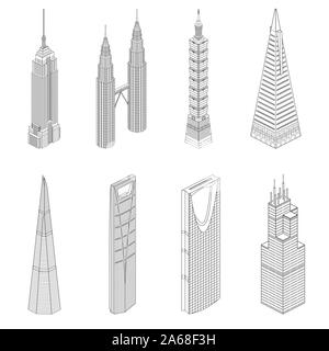 Célèbre gratte-ciel du monde vecteur ligne isométrique icônes art Illustration de Vecteur
