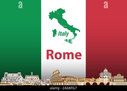 Voyage vecteur affiche avec Rome ville silhouette et drapeau italien sur la carte et contexte Illustration de Vecteur