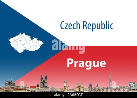 Vector illustration de Prague city skyline avec drapeau et Carte de République tchèque sur l'arrière-plan Illustration de Vecteur