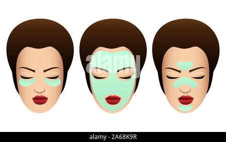 Série de visages féminins avec des masques de beauté variuos. Intervention cosmétique modèle. Vector illustration. Illustration de Vecteur