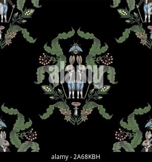 Fairytale motif transparent graphiques avec les animaux et les fleurs. Illustration de Vecteur