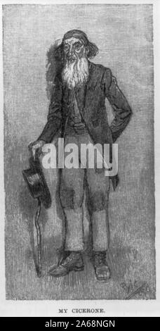 La gravure sur bois de dimensions de Howard Pyle qui illustre son article, un peuple acquis, dans le Harper's New Monthly, octobre 1889, pp. 776-785, simulateur de religion en Pennsylvanie : vieil homme qui agit comme cicerone, ou guide Banque D'Images