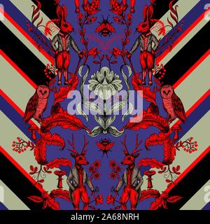 Fairytale motif transparent graphiques avec les animaux et les fleurs. Illustration de Vecteur