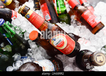 Valencia, Espagne - 12 octobre 2019 : les bouteilles de bière Amstel dans un seau avec de la glace au cours d'un événement indépendant. Banque D'Images