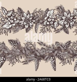 Motif de Noël transparente avec pine, baie de houx dans le style graphique. Illustration de Vecteur