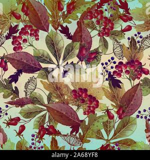 Seaamless Vintage pattern avec les feuilles d'automne et de baies. Illustration de Vecteur