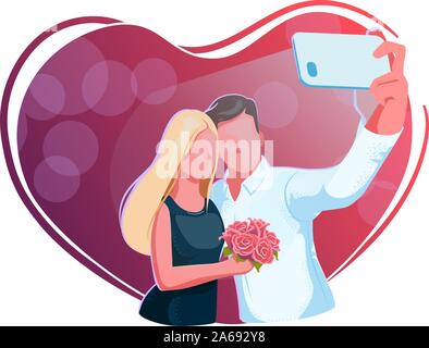 Beau couple sur selfies date. La Saint-Valentin, garçon et une fille avec des roses s'relfie sur fond rouge. L'amour, l'engagement, wedding concept. Love Heart frame. Célébration romantique design. Illustration de Vecteur