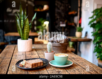 Berlin, Allemagne. 24 Oct, 2019. Café, gâteau et plantes d'intérieur sont tous sur une table à café' 'Les Verts'. (À Korr ' Green et chic : jeunes citadins laissez-boom du marché des plantes' du 25.10.2019) Crédit : Britta Pedersen/dpa-Zentralbild/dpa/Alamy Live News Banque D'Images