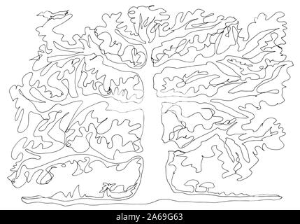 La ligne unique de dessin d'art l'arbre du monde. Résumé arbre avec oiseau accroupis, l'écureuil et les champignons. Art décoratif prêt à la couleur. Illustration de Vecteur