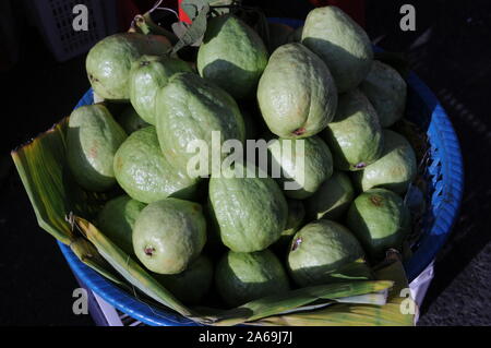 Sunlit goyaves sur l'affichage et à la vente à un étal de fruits frais en plein air, le marché russe, Phnom Penh, Cambodge. © Kraig Lieb Banque D'Images