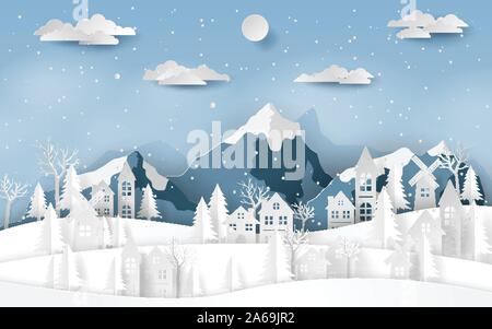 L'art du papier, de l'artisanat de style campagne paysage village à Snow Valley en saison d'hiver, Joyeux Noël et Bonne Année Illustration de Vecteur