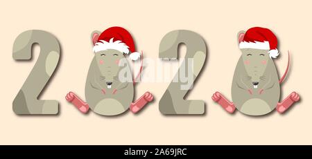 Joyeux Nouvel An chinois 2020 Zodiac. Funny Rats smile in Santa Hat - Vector Illustration Illustration de Vecteur