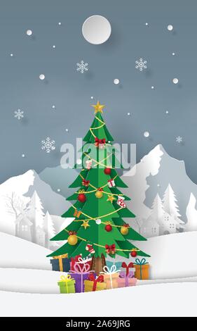 L'art du papier Craft, style d'arbre de Noël avec des cadeaux à la montagne de neige, Joyeux Noël et Bonne Année Illustration de Vecteur