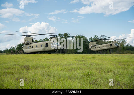 CH-47 Chinook du 1er bataillon du 185ème régiment d'aviation, transporter des soldats à la zone de chute au cours de l'effort de l'enclume de l'Arctique le 6 octobre, 2019 au Camp Shelby Joint Forces Training Center. L'enclume de l'Arctique est un exercice de la force de travail sur les tests que la santé mentale et physique de l'endurance des soldats impliqués. La Garde nationale du Mississippi (photo par le Sgt. Shawn Keeton) Banque D'Images