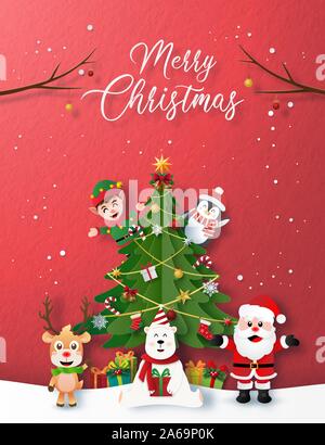 L'art du papier Craft, style de fête de Noël avec le Père Noël, et Noël, charactor Joyeux Noël et Bonne Année Illustration de Vecteur