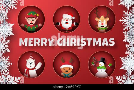 L'art du papier de collection de personnages de Noël sur fond rouge, Joyeux Noël et Bonne Année Illustration de Vecteur