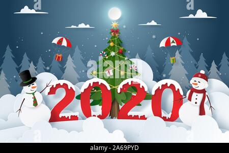 Papier Origami art de bonhomme avec Noël et Nouvel An 2020 parti à la veille de Noël, Joyeux Noël et Bonne Année Illustration de Vecteur