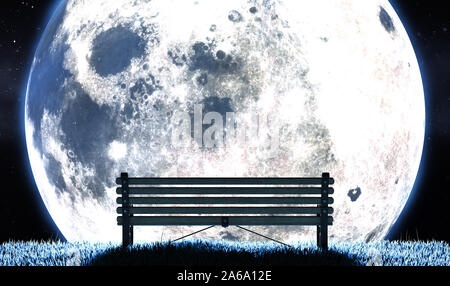 Un concept image montrant un banc de parc sur une colline herbeuse de nuit en face de la pleine lune et la nuit étoilée - Contexte de rendu 3D Banque D'Images