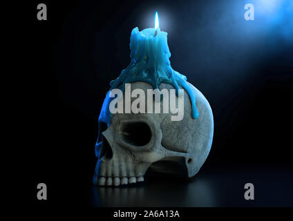 Un concept macabre montrant un crâne humain surmonté d'une bougie avec une flamme bleue sur un fond sombre isolée studio - 3D render Banque D'Images