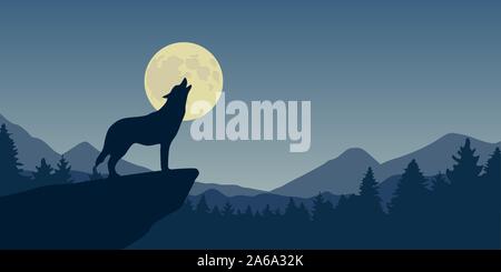 Le loup hurle à la pleine lune bleu nature paysage vector illustration EPS10 Illustration de Vecteur