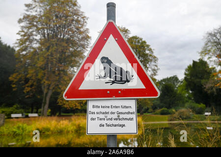 Rue triangulaire rouge signe avec frog signifiant 'amphibian migratio" et inscrivez-vous sur alerte chez les canards pas comme il nuit à eux en allemand Banque D'Images