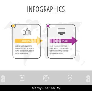 Vecteur ligne infographie modèle plat. Des rectangles avec des flèches pour deux diagrammes, graphique, organigramme, timeline, marketing, présentation. Concept d'affaires Illustration de Vecteur