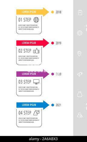 Vecteur ligne infographie modèle plat. Des rectangles avec des flèches pour les quatre diagrammes, graphique, organigramme, timeline, marketing, présentation. Concept d'affaires Illustration de Vecteur