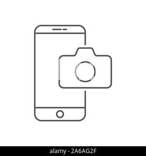 Photos de téléphone mobile sur l'icône de la ligne de l'appareil photo. Contours vector signe, style linéaire Les pictogrammes isolé sur blanc. Symbole de l'appareil photo du smartphone, le logo illustration Illustration de Vecteur