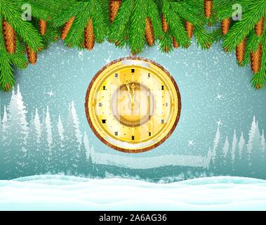 Hiver gel paysage avec l'or de l'horloge ronde sapin direction générale. Noël arrière-plan horizontal Illustration de Vecteur