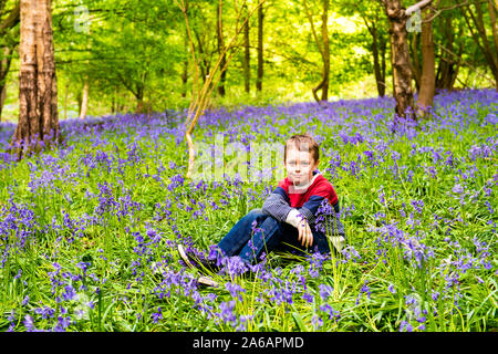 Un beau petit garçon avec le TDAH, l'Autisme, syndrome d'Aspergers est assis et pose pour une photo dans une forêt, bois recouvert de Bluebells, Banque D'Images