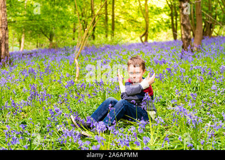 Un beau petit garçon avec le TDAH, l'Autisme, syndrome d'Aspergers est assis et pose pour une photo dans une forêt, bois recouvert de Bluebells, Banque D'Images