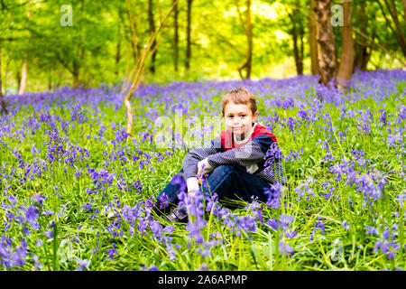 Un beau petit garçon avec le TDAH, l'Autisme, syndrome d'Aspergers est assis et pose pour une photo dans une forêt, bois recouvert de Bluebells, Banque D'Images