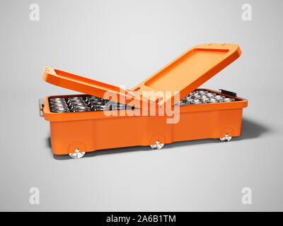 Portable orange moderne réfrigérateur pour boissons en canettes aluminium 3D render sur fond gris avec ombre Banque D'Images