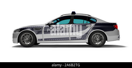 Voiture de police moderne de bleue vue de côté 3D render sur fond blanc avec ombre Banque D'Images