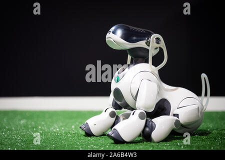 BRATISLAVA, SLOVAQUIE - OCT 25, 2019 : chien robot AIBO démontre ses compétences au Mall à Bratislava, Slovaquie Banque D'Images