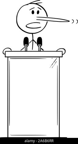 Vector cartoon stick figure dessin illustration conceptuelle du mensonge politicien avec long nez s'exprimant sur le podium derrière le lutrin. Illustration de Vecteur