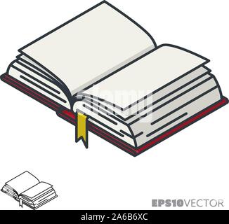 Icône Livre ouvert, contours et isométrique rempli de symboles de la littérature. Médias imprimés et de l'éducation concept vector illustration. Illustration de Vecteur