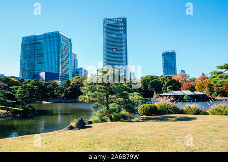 Jardins Hamarikyu, étang et bâtiments modernes à l'automne à Tokyo, Japon Banque D'Images