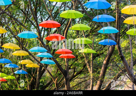 De nombreux parasols colorés sur les arbres suspendus dans le Zoo de Shenzhen, Chine Banque D'Images