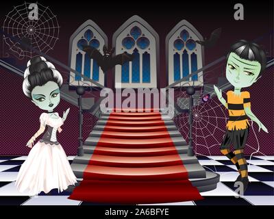 Caricature de la mode élégant couple de zombies près de vieux escaliers. Illustration de Vecteur