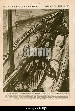 Le Miroir de l'article daté du 25 juin 1916 montrant blessés marins de la Royal Navy qui sont transportés par bateau à partir de la bataille du Jutland se sont battus entre la Royal Navy et de la flotte de haute mer allemande du 31 mai au 1 juin 1916. Le miroir était un supplément à la Petit Parisien et est apparu pour la première fois en 1910 dans l'impression Banque D'Images