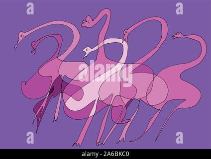 Flamingo Danse : dessin décoratif d'un violet-rose flamingo group sur un fond bleu. Art décoratif peut être utilisé comme fond d'écran et plus encore. Illustration de Vecteur