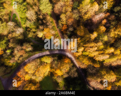 Vues d'automne à partir de la base aérienne et de feuilles dorées le long d'un sentier de marche et d'un pont sur la route de flexion dans les montagnes Banque D'Images