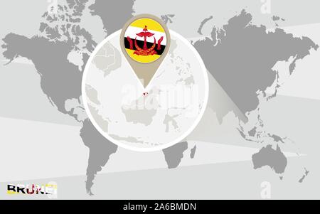 Carte du monde avec Brunei grossie. Brunei drapeau et carte. Illustration de Vecteur