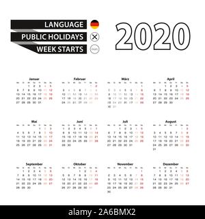 Calendrier 2020 en langue allemande, la semaine commence le lundi. Calendrier de l'année 2020 Vector. Illustration de Vecteur